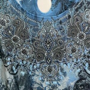 Christopher Banks Blue Paisley Beaded Short Sleeve Top Festive Boho Womens M